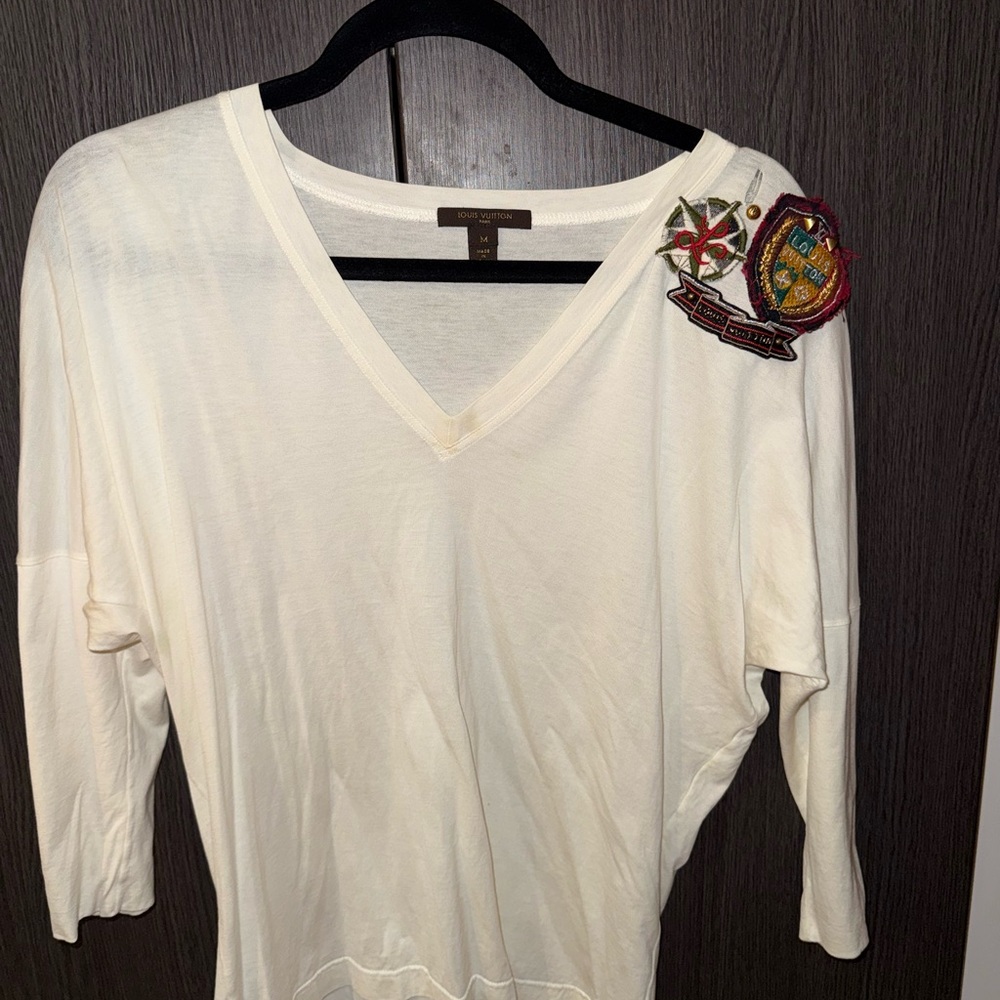 Louis Vuitton Ivory V-Neck Blouse with Embroidered Crest